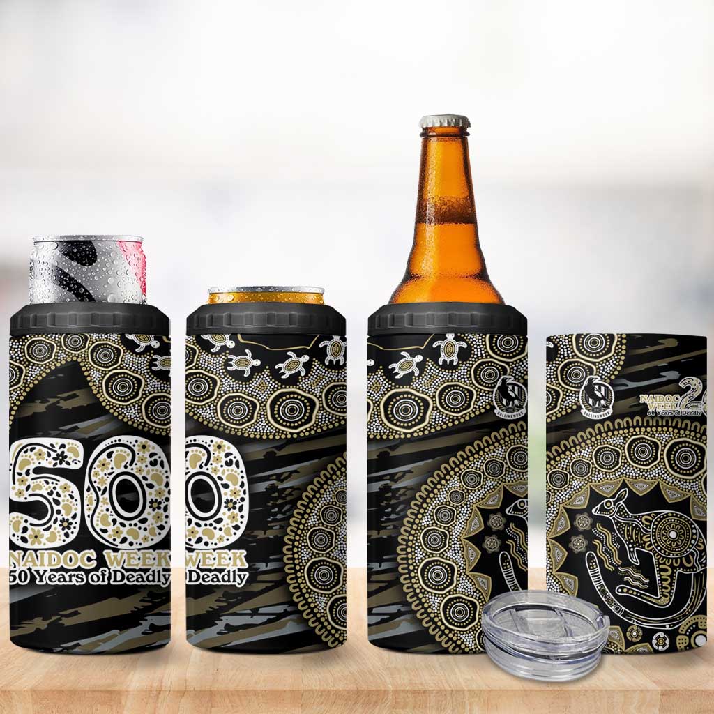 Collingwood Magpies NAIDOC Week 2026 4 in 1 Can Cooler Tumbler Australian Aboriginal Dot Art Dreamtime Pattern Style