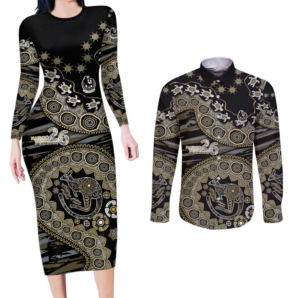Collingwood Magpies NAIDOC Week 2026 Couples Matching Long Sleeve Bodycon Dress and Long Sleeve Button Shirt Australian Aboriginal Dot Art Dreamtime Pattern Style