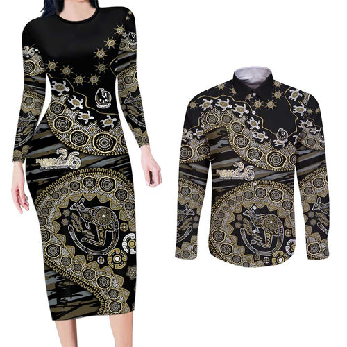 Collingwood Magpies NAIDOC Week 2026 Couples Matching Long Sleeve Bodycon Dress and Long Sleeve Button Shirt Australian Aboriginal Dot Art Dreamtime Pattern Style