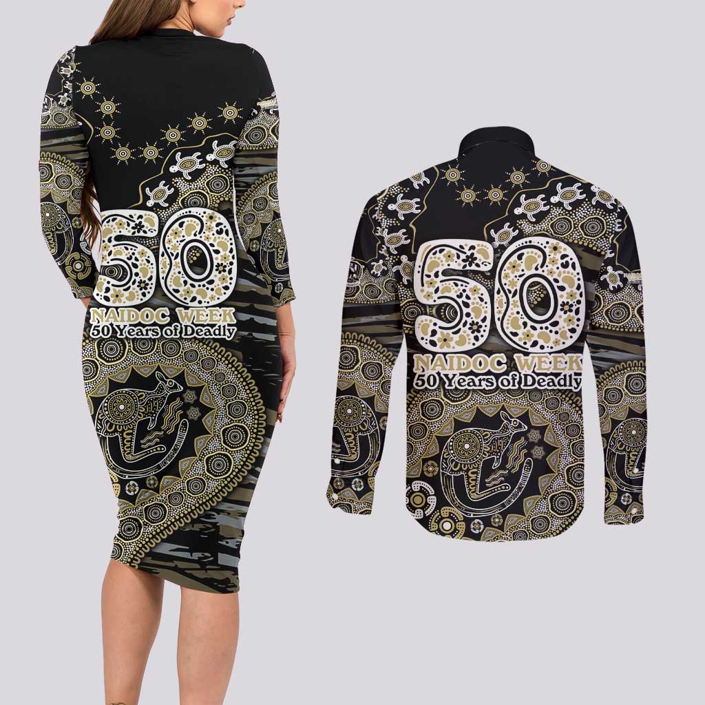 Collingwood Magpies NAIDOC Week 2026 Couples Matching Long Sleeve Bodycon Dress and Long Sleeve Button Shirt Australian Aboriginal Dot Art Dreamtime Pattern Style
