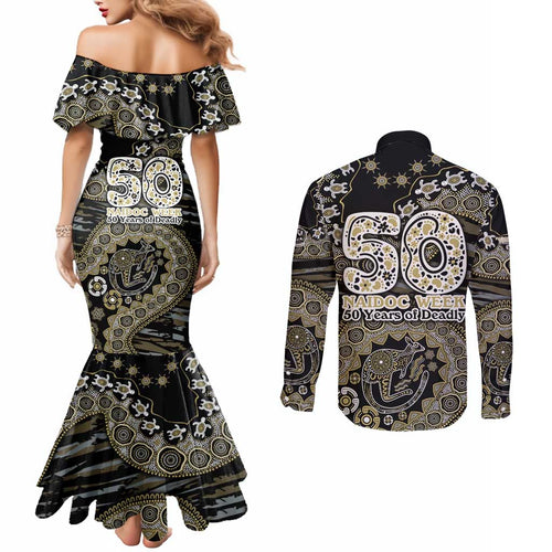 Collingwood Magpies NAIDOC Week 2026 Couples Matching Mermaid Dress and Long Sleeve Button Shirt Australian Aboriginal Dot Art Dreamtime Pattern Style