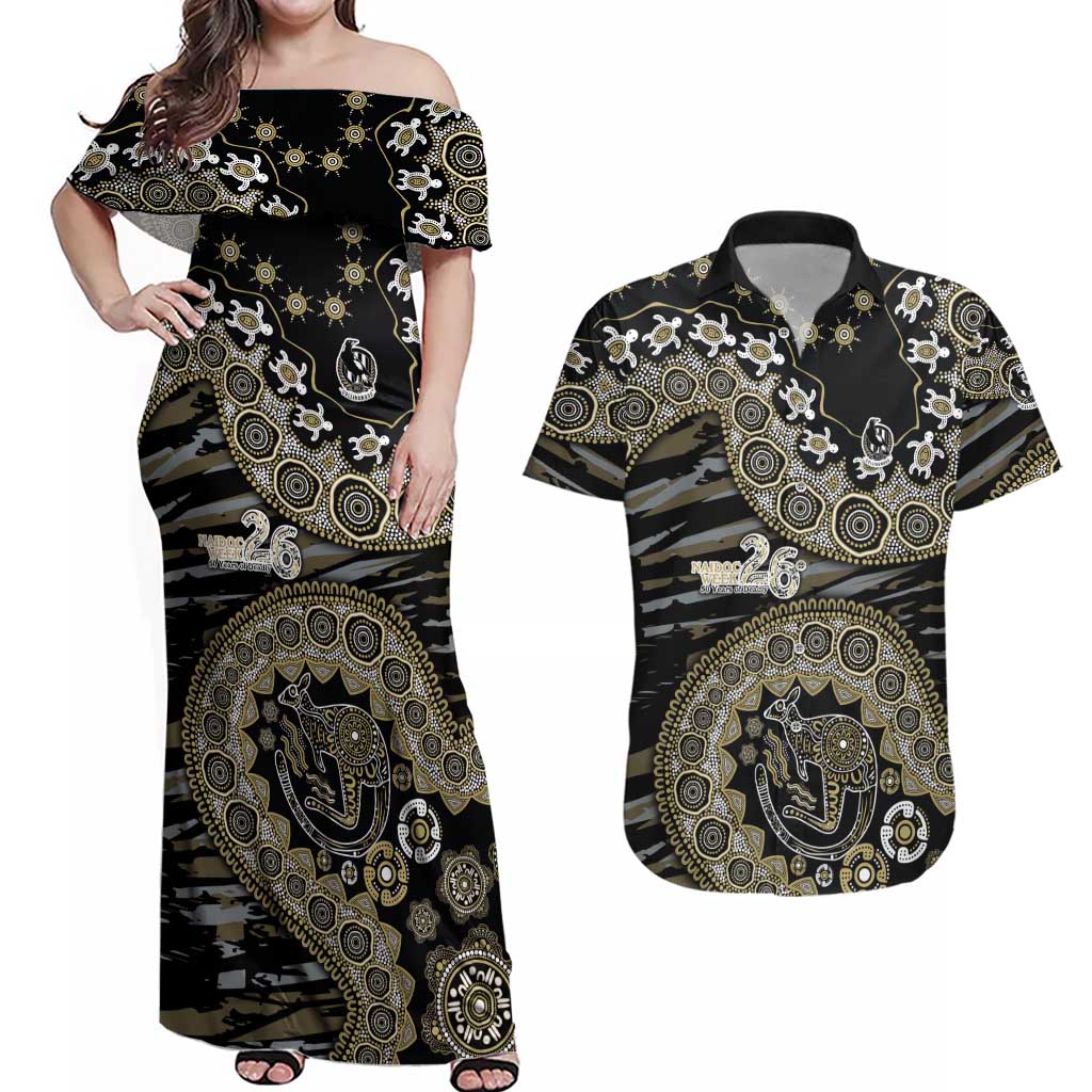 Collingwood Magpies NAIDOC Week 2026 Couples Matching Off Shoulder Maxi Dress and Hawaiian Shirt Australian Aboriginal Dot Art Dreamtime Pattern Style