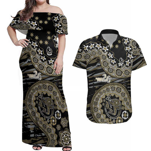Collingwood Magpies NAIDOC Week 2026 Couples Matching Off Shoulder Maxi Dress and Hawaiian Shirt Australian Aboriginal Dot Art Dreamtime Pattern Style