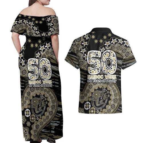 Collingwood Magpies NAIDOC Week 2026 Couples Matching Off Shoulder Maxi Dress and Hawaiian Shirt Australian Aboriginal Dot Art Dreamtime Pattern Style