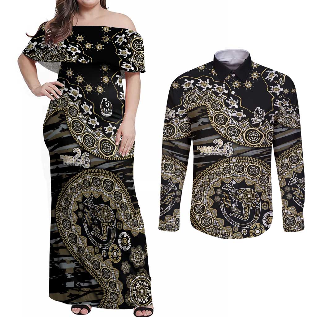 Collingwood Magpies NAIDOC Week 2026 Couples Matching Off Shoulder Maxi Dress and Long Sleeve Button Shirt Australian Aboriginal Dot Art Dreamtime Pattern Style