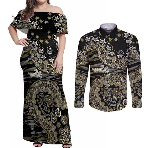 Collingwood Magpies NAIDOC Week 2026 Couples Matching Off Shoulder Maxi Dress and Long Sleeve Button Shirt Australian Aboriginal Dot Art Dreamtime Pattern Style