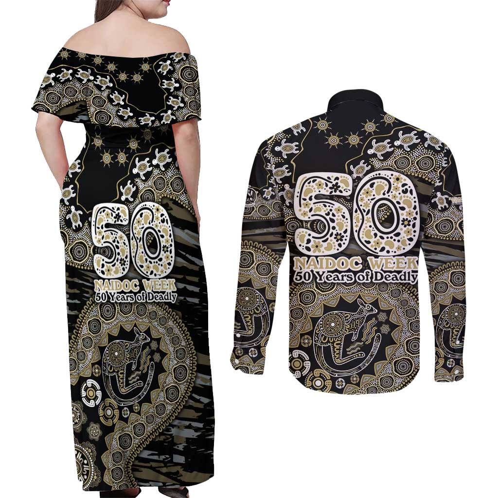 Collingwood Magpies NAIDOC Week 2026 Couples Matching Off Shoulder Maxi Dress and Long Sleeve Button Shirt Australian Aboriginal Dot Art Dreamtime Pattern Style