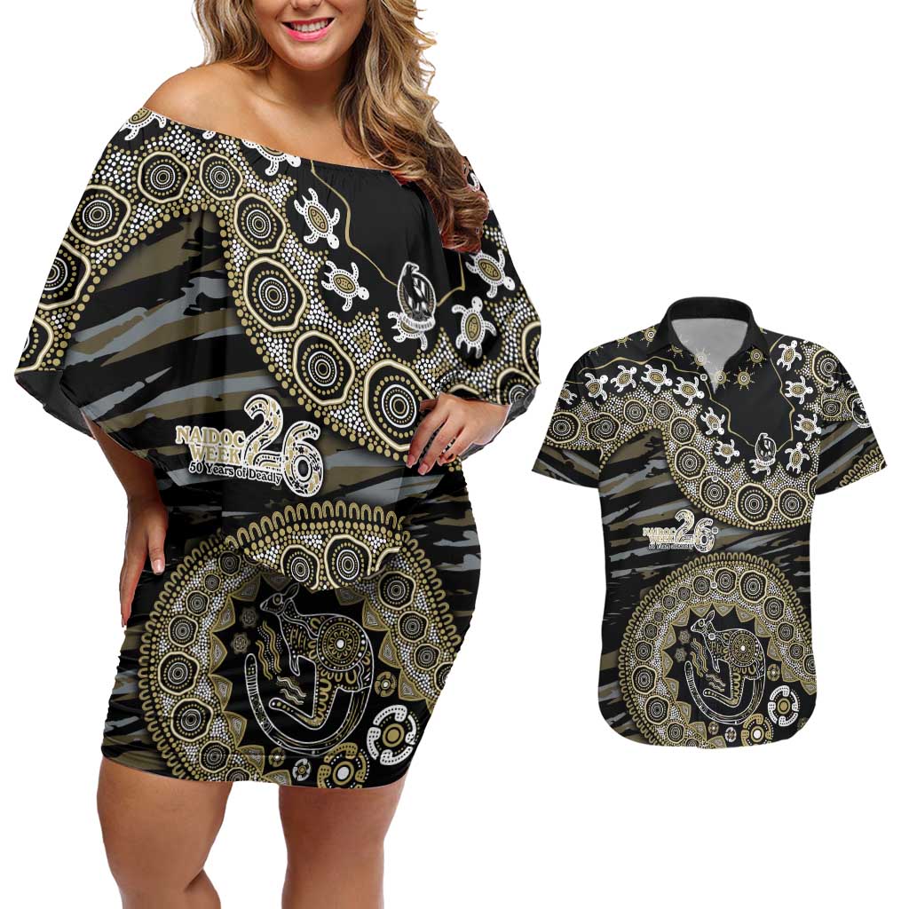 Collingwood Magpies NAIDOC Week 2026 Couples Matching Off Shoulder Short Dress and Hawaiian Shirt Australian Aboriginal Dot Art Dreamtime Pattern Style