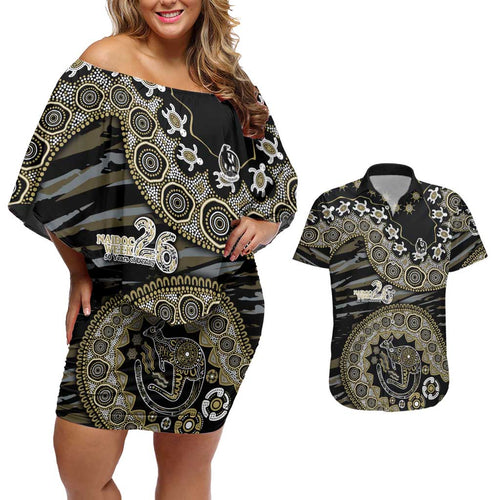 Collingwood Magpies NAIDOC Week 2026 Couples Matching Off Shoulder Short Dress and Hawaiian Shirt Australian Aboriginal Dot Art Dreamtime Pattern Style