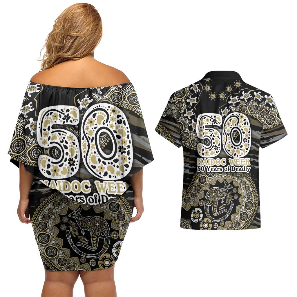 Collingwood Magpies NAIDOC Week 2026 Couples Matching Off Shoulder Short Dress and Hawaiian Shirt Australian Aboriginal Dot Art Dreamtime Pattern Style
