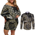 Collingwood Magpies NAIDOC Week 2026 Couples Matching Off Shoulder Short Dress and Long Sleeve Button Shirt Australian Aboriginal Dot Art Dreamtime Pattern Style