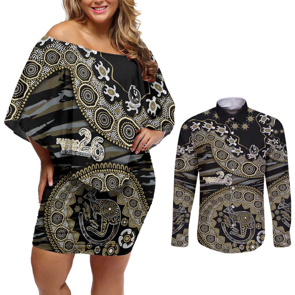 Collingwood Magpies NAIDOC Week 2026 Couples Matching Off Shoulder Short Dress and Long Sleeve Button Shirt Australian Aboriginal Dot Art Dreamtime Pattern Style