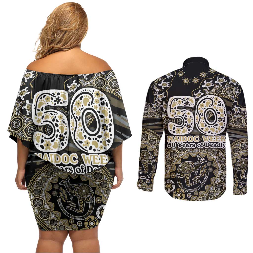 Collingwood Magpies NAIDOC Week 2026 Couples Matching Off Shoulder Short Dress and Long Sleeve Button Shirt Australian Aboriginal Dot Art Dreamtime Pattern Style