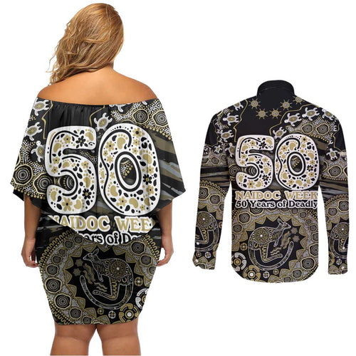 Collingwood Magpies NAIDOC Week 2026 Couples Matching Off Shoulder Short Dress and Long Sleeve Button Shirt Australian Aboriginal Dot Art Dreamtime Pattern Style
