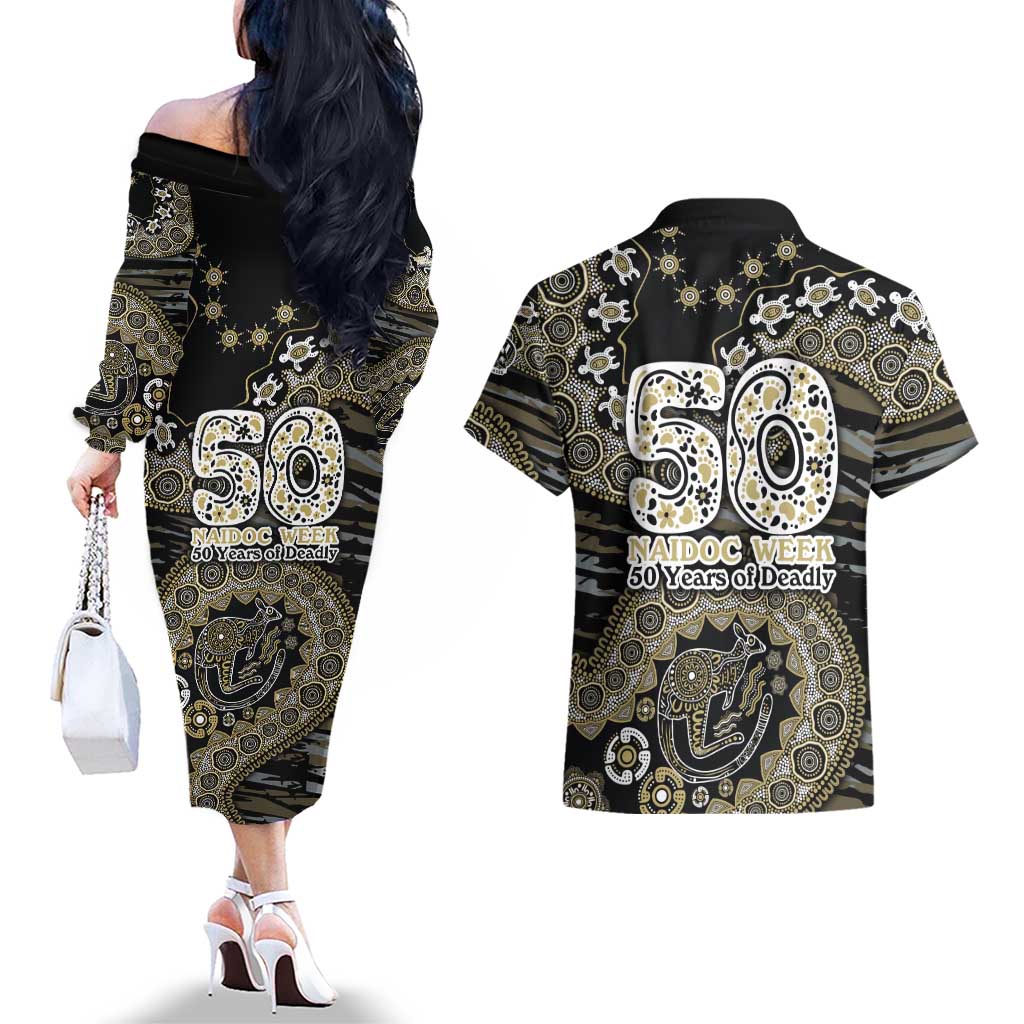 Collingwood Magpies NAIDOC Week 2026 Couples Matching Off The Shoulder Long Sleeve Dress and Hawaiian Shirt Australian Aboriginal Dot Art Dreamtime Pattern Style