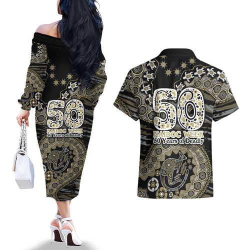 Collingwood Magpies NAIDOC Week 2026 Couples Matching Off The Shoulder Long Sleeve Dress and Hawaiian Shirt Australian Aboriginal Dot Art Dreamtime Pattern Style