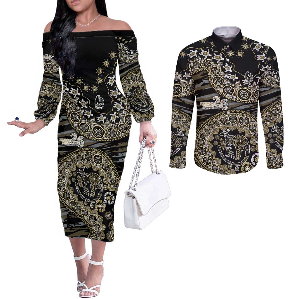 Collingwood Magpies NAIDOC Week 2026 Couples Matching Off The Shoulder Long Sleeve Dress and Long Sleeve Button Shirt Australian Aboriginal Dot Art Dreamtime Pattern Style