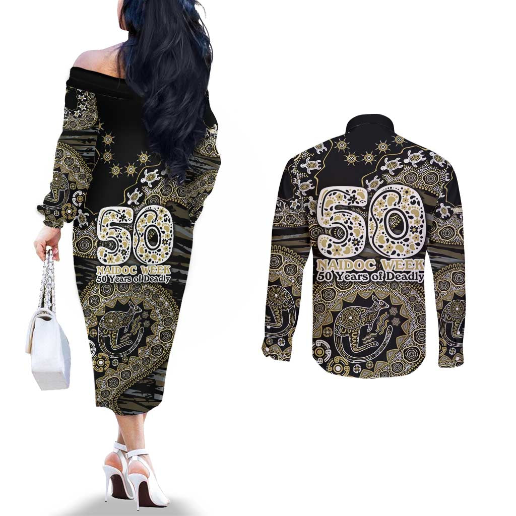 Collingwood Magpies NAIDOC Week 2026 Couples Matching Off The Shoulder Long Sleeve Dress and Long Sleeve Button Shirt Australian Aboriginal Dot Art Dreamtime Pattern Style