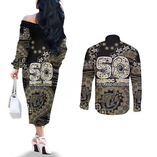 Collingwood Magpies NAIDOC Week 2026 Couples Matching Off The Shoulder Long Sleeve Dress and Long Sleeve Button Shirt Australian Aboriginal Dot Art Dreamtime Pattern Style