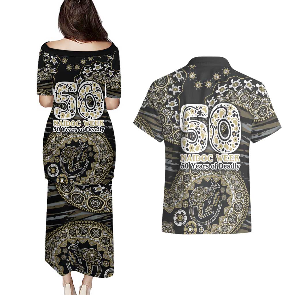 Collingwood Magpies NAIDOC Week 2026 Couples Matching Puletasi and Hawaiian Shirt Australian Aboriginal Dot Art Dreamtime Pattern Style