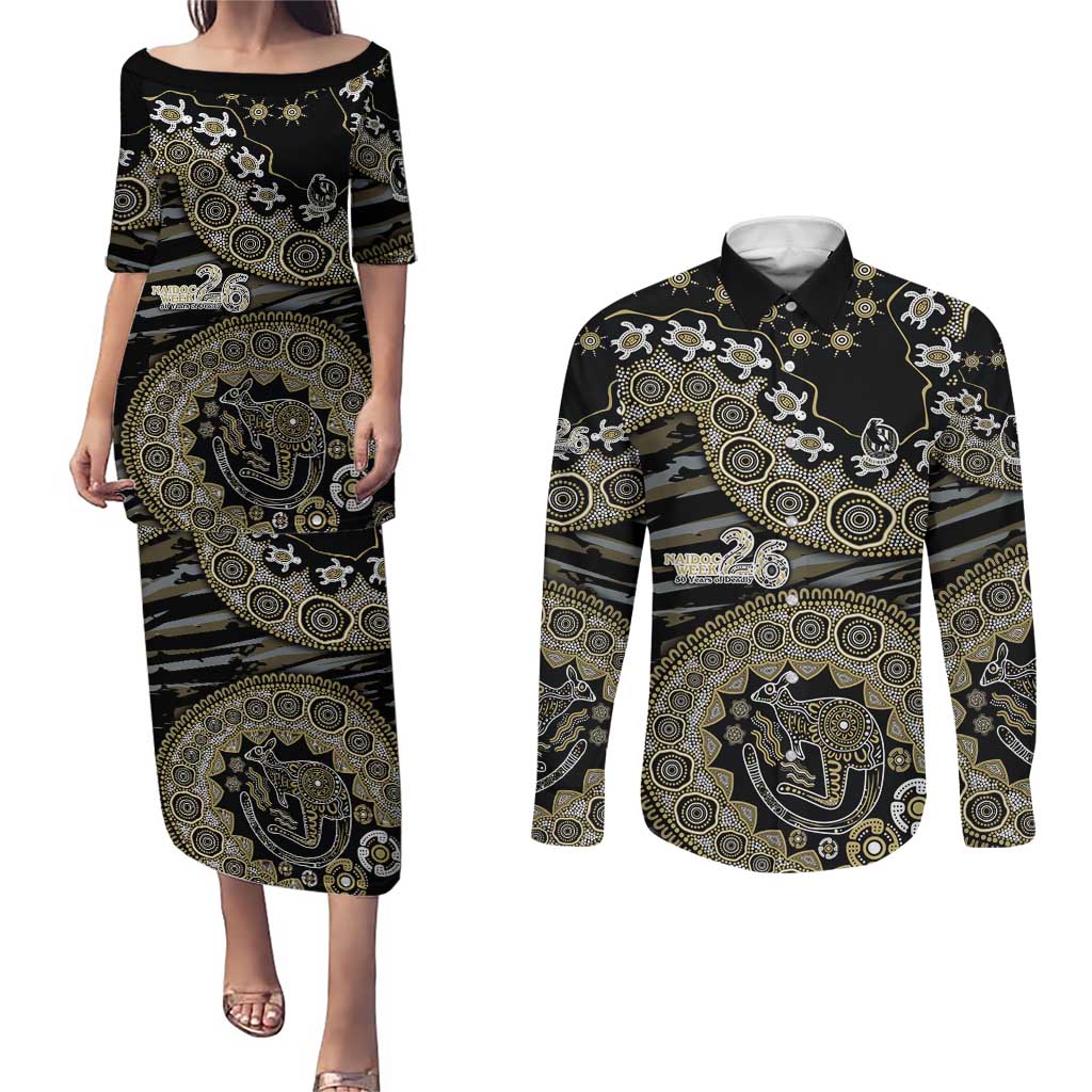 Collingwood Magpies NAIDOC Week 2026 Couples Matching Puletasi and Long Sleeve Button Shirt Australian Aboriginal Dot Art Dreamtime Pattern Style