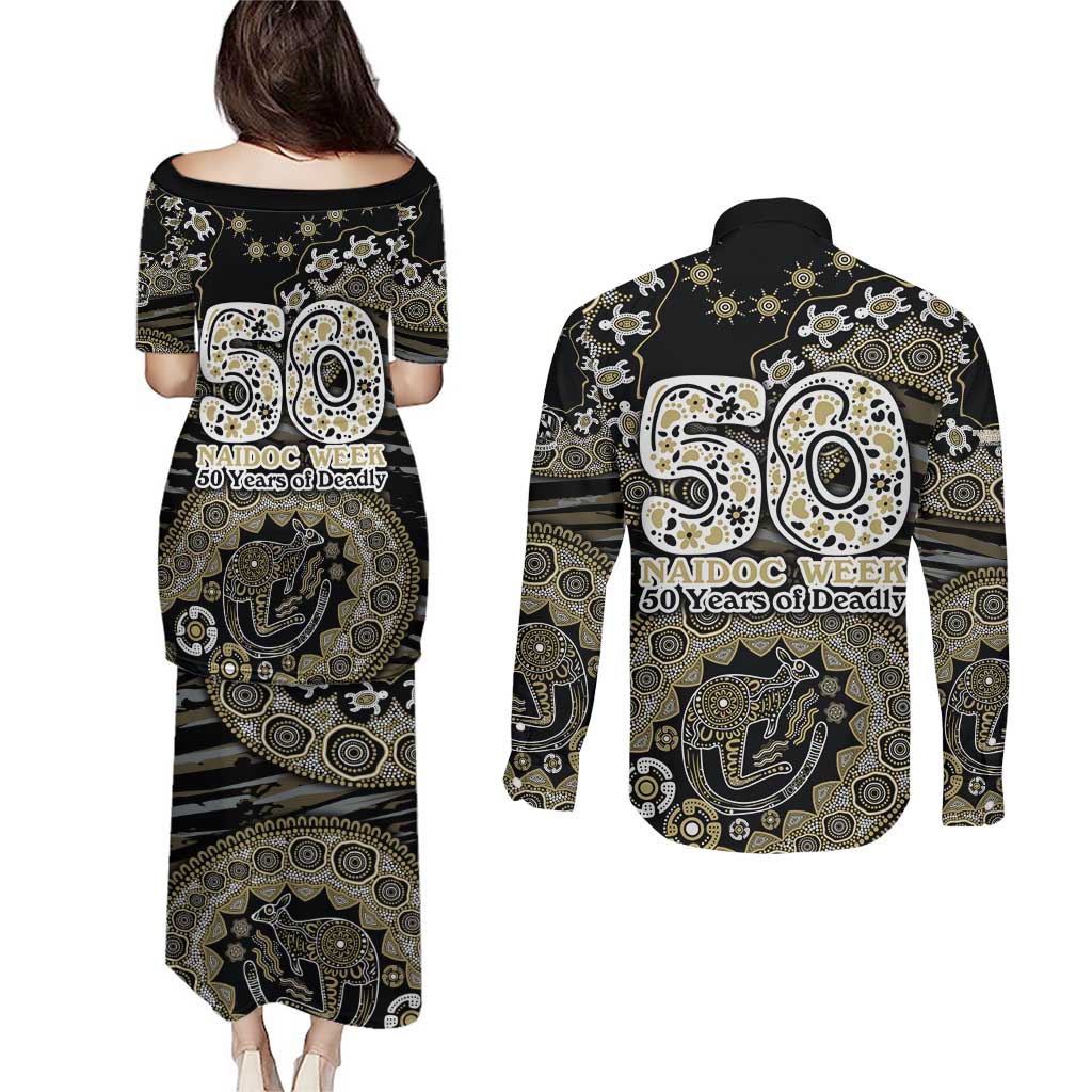 Collingwood Magpies NAIDOC Week 2026 Couples Matching Puletasi and Long Sleeve Button Shirt Australian Aboriginal Dot Art Dreamtime Pattern Style