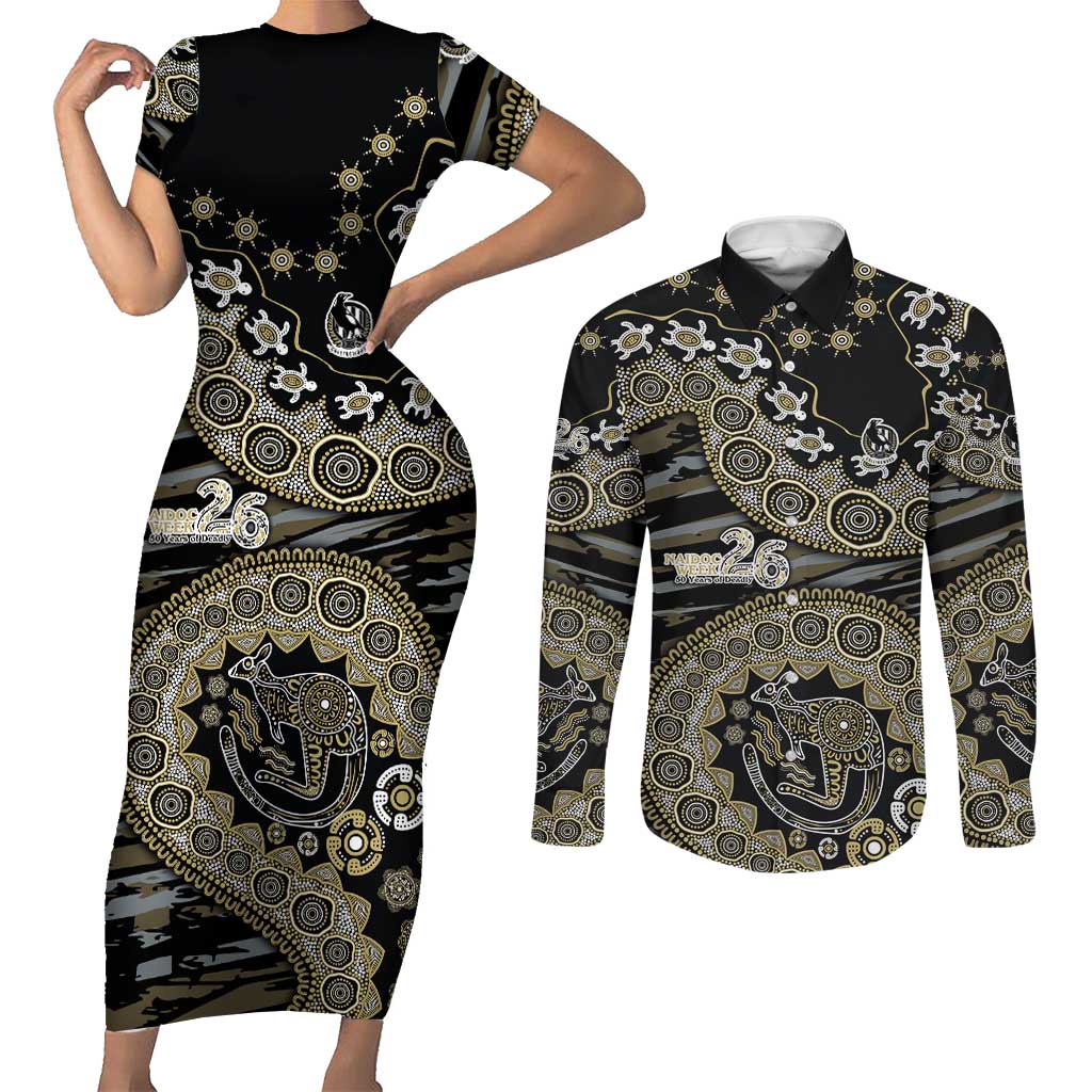Collingwood Magpies NAIDOC Week 2026 Couples Matching Short Sleeve Bodycon Dress and Long Sleeve Button Shirt Australian Aboriginal Dot Art Dreamtime Pattern Style