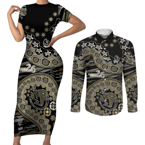 Collingwood Magpies NAIDOC Week 2026 Couples Matching Short Sleeve Bodycon Dress and Long Sleeve Button Shirt Australian Aboriginal Dot Art Dreamtime Pattern Style