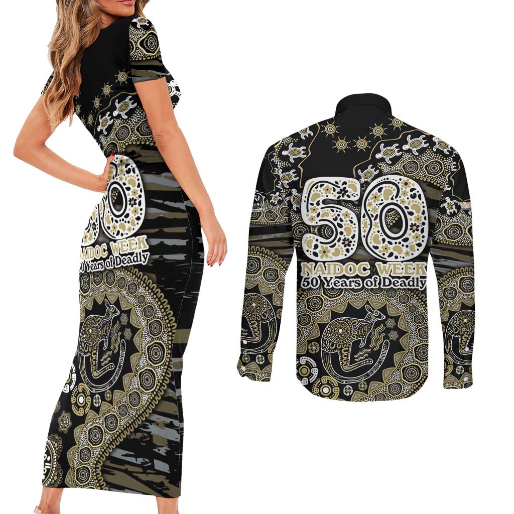 Collingwood Magpies NAIDOC Week 2026 Couples Matching Short Sleeve Bodycon Dress and Long Sleeve Button Shirt Australian Aboriginal Dot Art Dreamtime Pattern Style