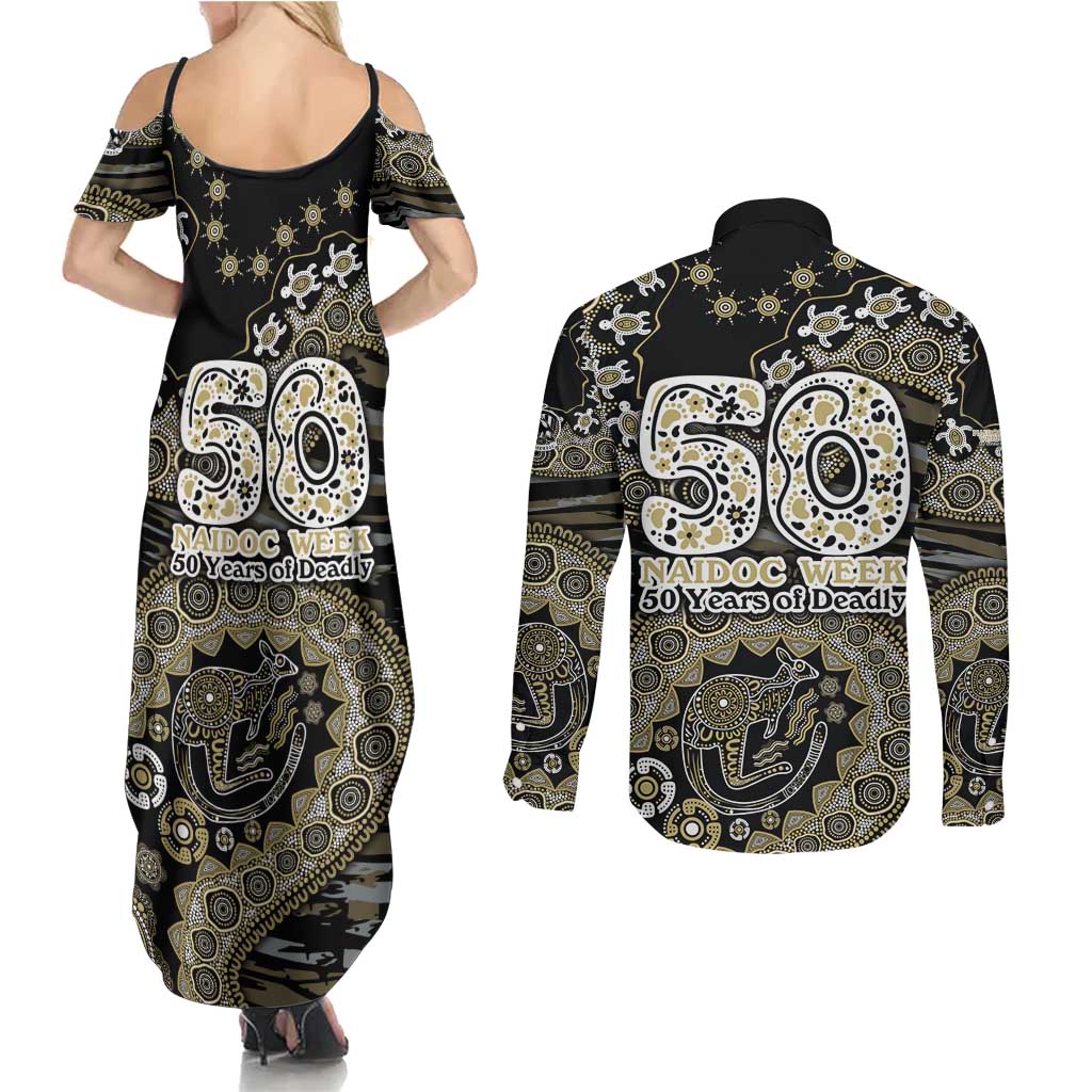 Collingwood Magpies NAIDOC Week 2026 Couples Matching Summer Maxi Dress and Long Sleeve Button Shirt Australian Aboriginal Dot Art Dreamtime Pattern Style