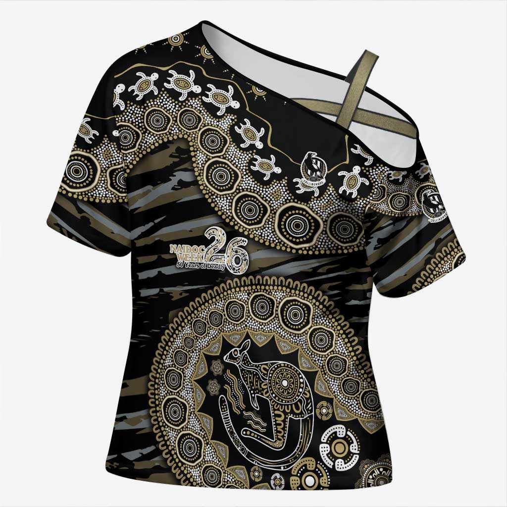 Collingwood Magpies NAIDOC Week 2026 Cross Shoulder Shirt Australian Aboriginal Dot Art Dreamtime Pattern Style