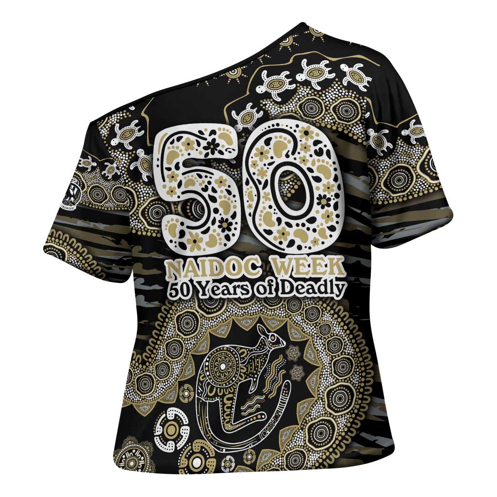 Collingwood Magpies NAIDOC Week 2026 Cross Shoulder Shirt Australian Aboriginal Dot Art Dreamtime Pattern Style