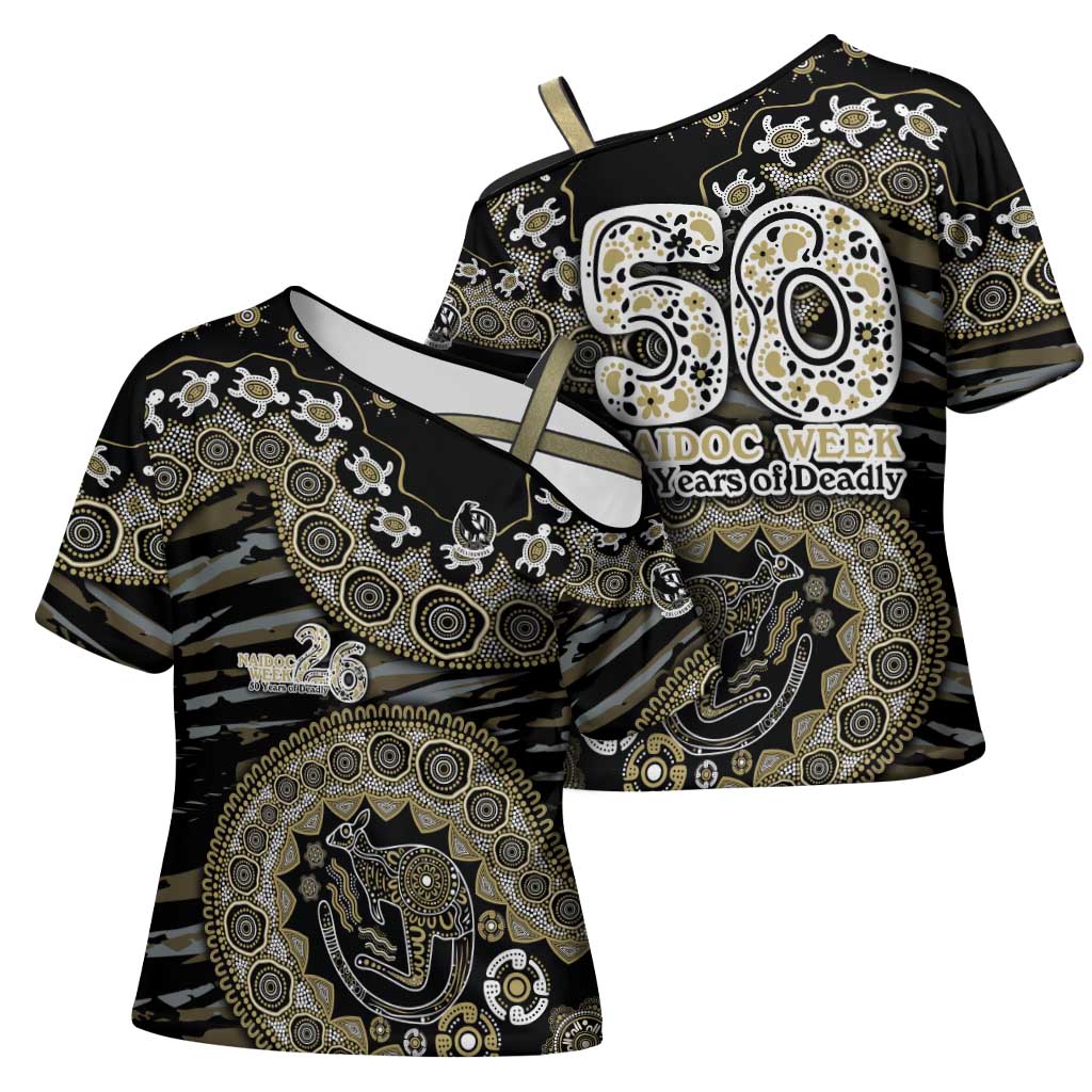 Collingwood Magpies NAIDOC Week 2026 Cross Shoulder Shirt Australian Aboriginal Dot Art Dreamtime Pattern Style