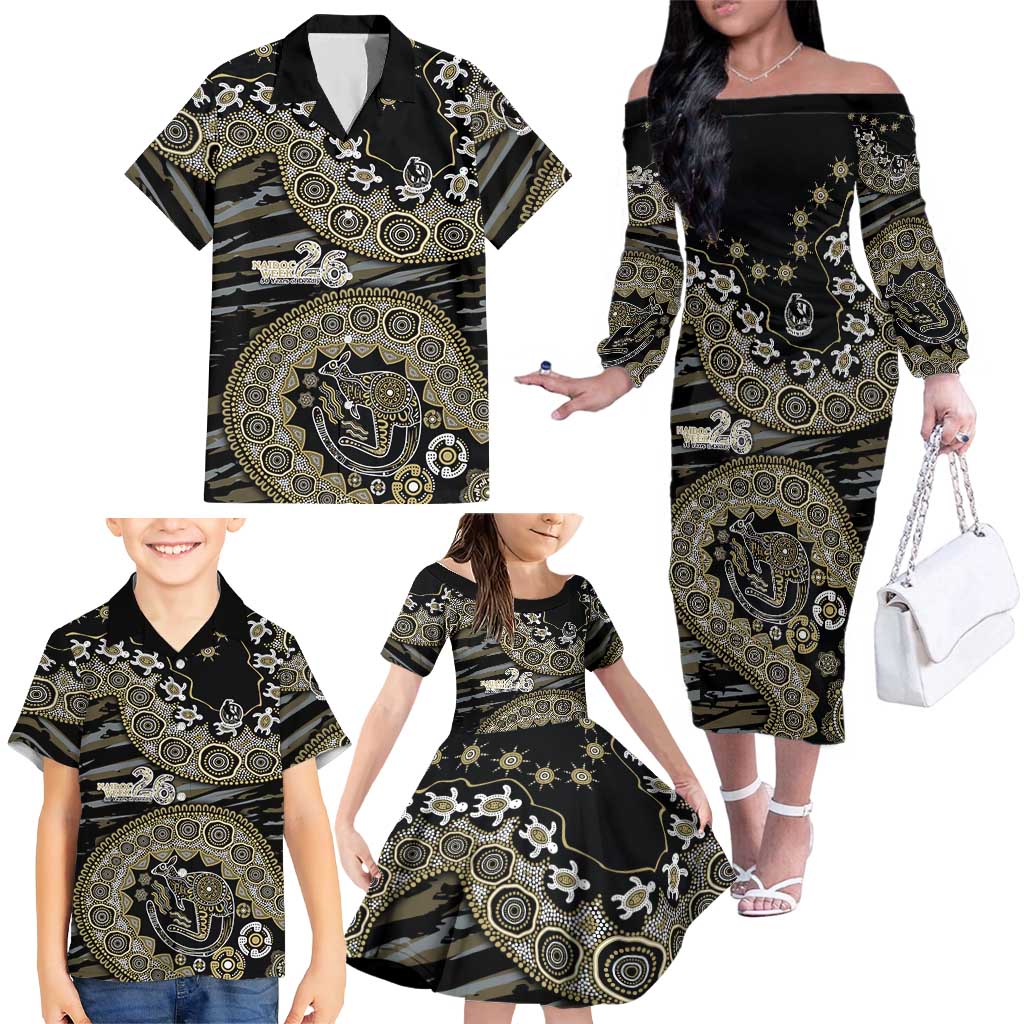 Collingwood Magpies NAIDOC Week 2026 Family Matching Off The Shoulder Long Sleeve Dress and Hawaiian Shirt Australian Aboriginal Dot Art Dreamtime Pattern Style
