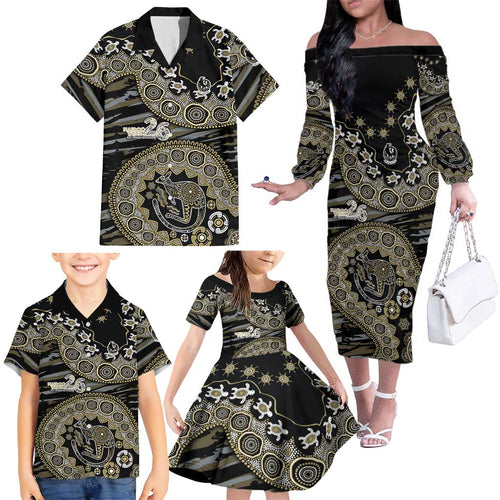 Collingwood Magpies NAIDOC Week 2026 Family Matching Off The Shoulder Long Sleeve Dress and Hawaiian Shirt Australian Aboriginal Dot Art Dreamtime Pattern Style