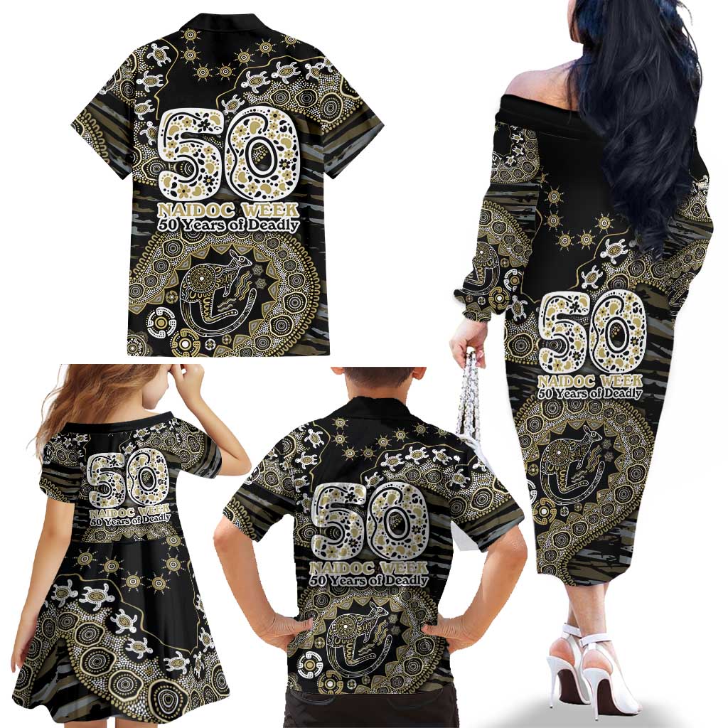 Collingwood Magpies NAIDOC Week 2026 Family Matching Off The Shoulder Long Sleeve Dress and Hawaiian Shirt Australian Aboriginal Dot Art Dreamtime Pattern Style