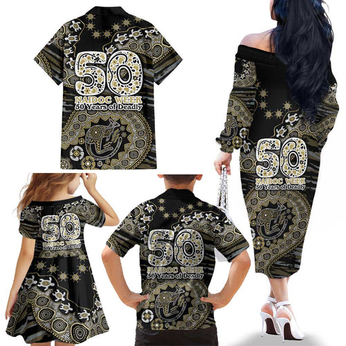 Collingwood Magpies NAIDOC Week 2026 Family Matching Off The Shoulder Long Sleeve Dress and Hawaiian Shirt Australian Aboriginal Dot Art Dreamtime Pattern Style
