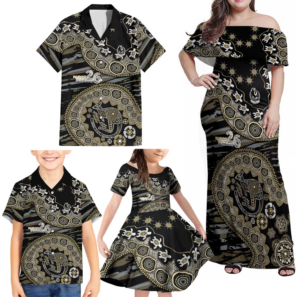 Collingwood Magpies NAIDOC Week 2026 Family Matching Off Shoulder Maxi Dress and Hawaiian Shirt Australian Aboriginal Dot Art Dreamtime Pattern Style