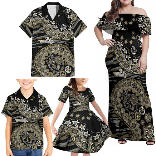 Collingwood Magpies NAIDOC Week 2026 Family Matching Off Shoulder Maxi Dress and Hawaiian Shirt Australian Aboriginal Dot Art Dreamtime Pattern Style