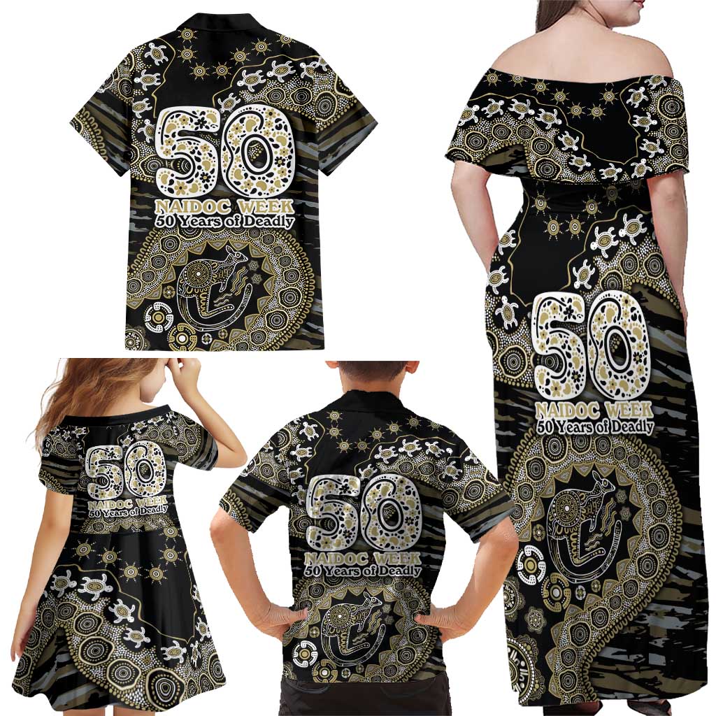 Collingwood Magpies NAIDOC Week 2026 Family Matching Off Shoulder Maxi Dress and Hawaiian Shirt Australian Aboriginal Dot Art Dreamtime Pattern Style