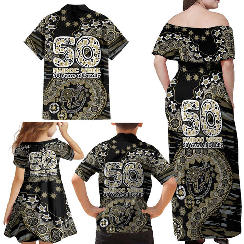 Collingwood Magpies NAIDOC Week 2026 Family Matching Off Shoulder Maxi Dress and Hawaiian Shirt Australian Aboriginal Dot Art Dreamtime Pattern Style