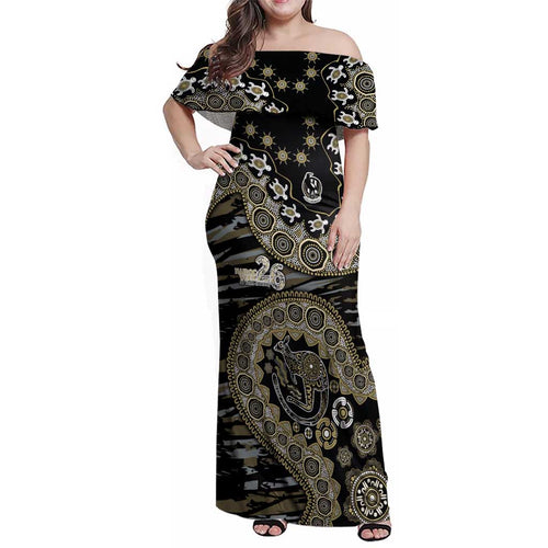 Collingwood Magpies NAIDOC Week 2026 Family Matching Off Shoulder Maxi Dress and Hawaiian Shirt Australian Aboriginal Dot Art Dreamtime Pattern Style