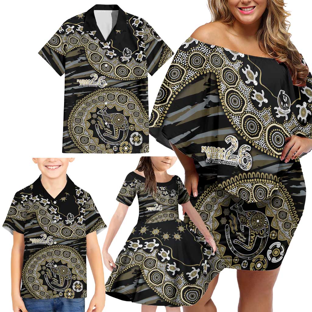 Collingwood Magpies NAIDOC Week 2026 Family Matching Off Shoulder Short Dress and Hawaiian Shirt Australian Aboriginal Dot Art Dreamtime Pattern Style