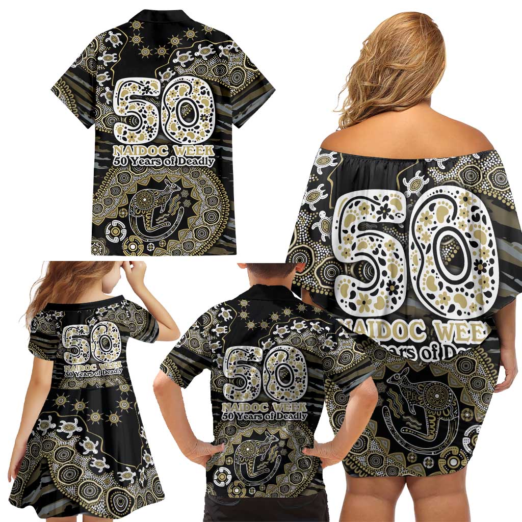 Collingwood Magpies NAIDOC Week 2026 Family Matching Off Shoulder Short Dress and Hawaiian Shirt Australian Aboriginal Dot Art Dreamtime Pattern Style