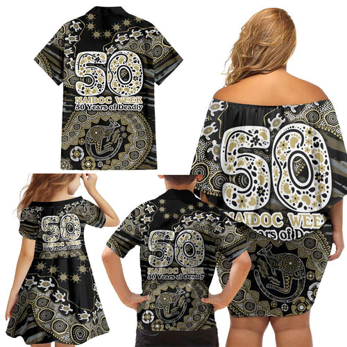 Collingwood Magpies NAIDOC Week 2026 Family Matching Off Shoulder Short Dress and Hawaiian Shirt Australian Aboriginal Dot Art Dreamtime Pattern Style