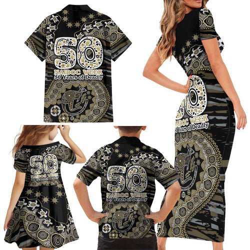 Collingwood Magpies NAIDOC Week 2026 Family Matching Short Sleeve Bodycon Dress and Hawaiian Shirt Australian Aboriginal Dot Art Dreamtime Pattern Style