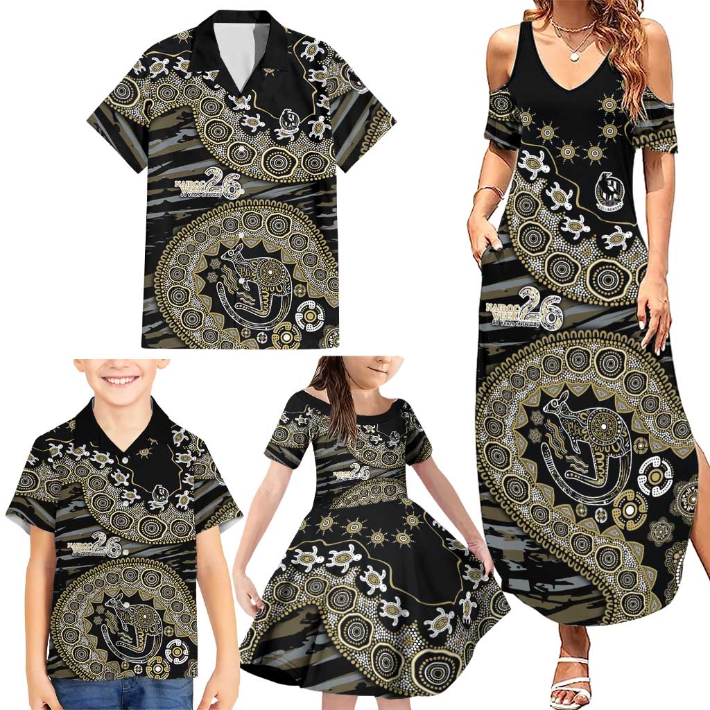 Collingwood Magpies NAIDOC Week 2026 Family Matching Summer Maxi Dress and Hawaiian Shirt Australian Aboriginal Dot Art Dreamtime Pattern Style