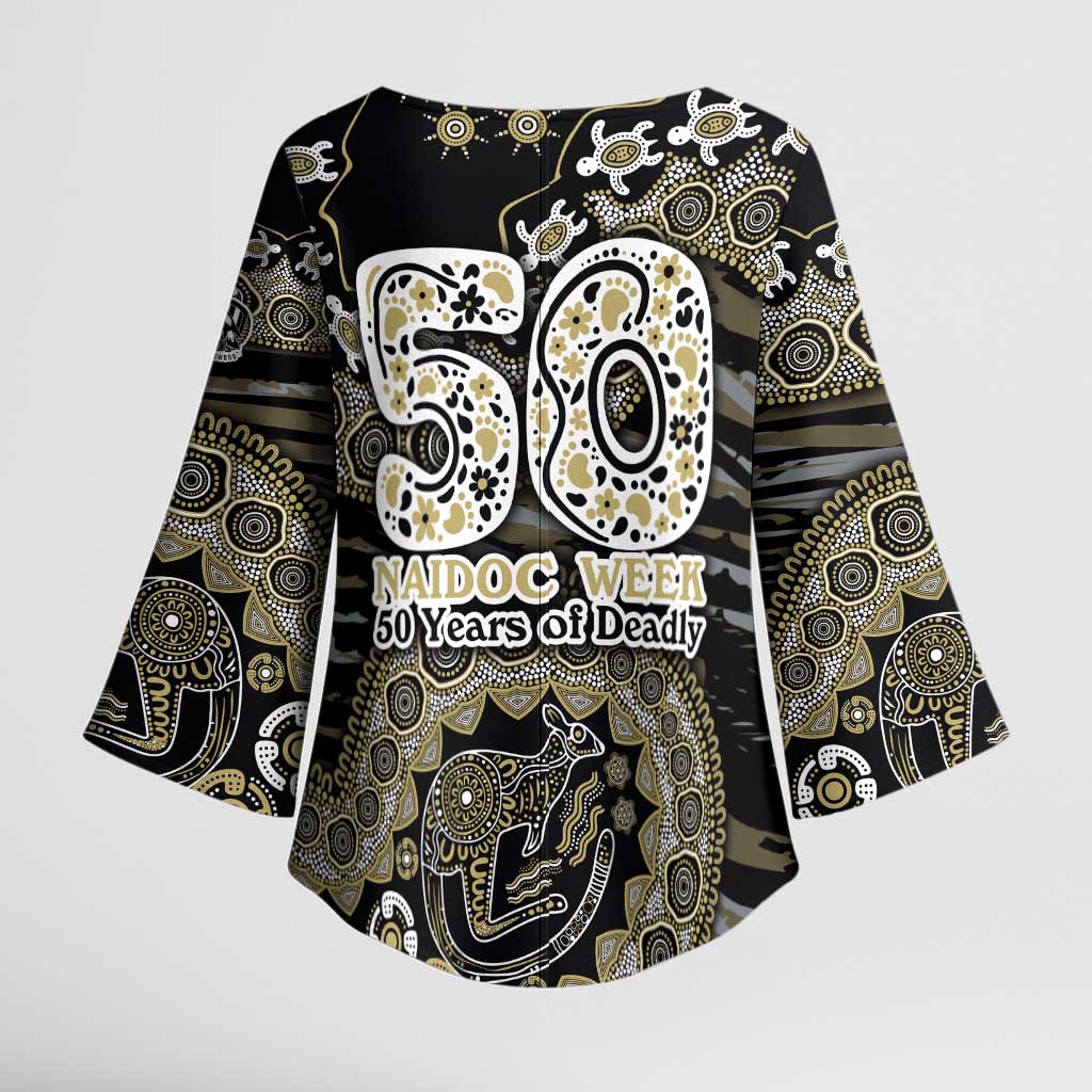 Collingwood Magpies NAIDOC Week 2026 Kimono Sleeve Blouse Australian Aboriginal Dot Art Dreamtime Pattern Style