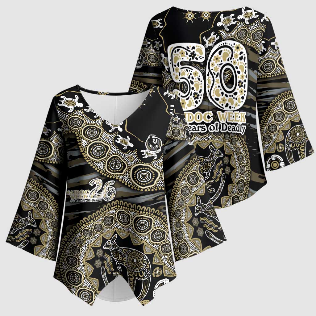 Collingwood Magpies NAIDOC Week 2026 Kimono Sleeve Blouse Australian Aboriginal Dot Art Dreamtime Pattern Style