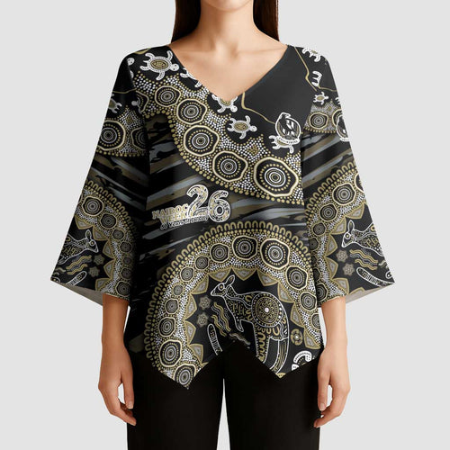 Collingwood Magpies NAIDOC Week 2026 Kimono Sleeve Blouse Australian Aboriginal Dot Art Dreamtime Pattern Style